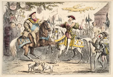 Heinrich VIII. trifft Franz I., aus The Comic History of England, veröffentlicht 1864 (handkolorierte Radierung)