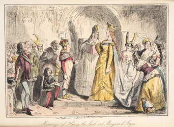 Hochzeit von Heinrich VI. mit Margarete von Anjou, aus The Comic History of England, veröffentlicht 1864 (handkolorierte Radierung)