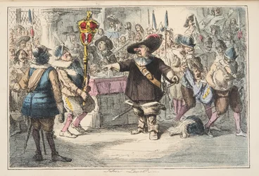 Nehmt dieses Spielzeug weg, Cromwell löst das Lange Parlament auf, aus The Comic History of England, veröffentlicht 1864 (handkolorierte Radierung)