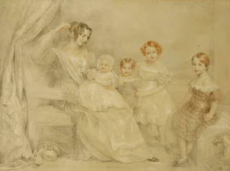 Porträt von Mrs. W.S. Fry und ihren vier Kindern: Emma, Willy, Julie und Georgina, sitzend in einem Innenraum, 1840