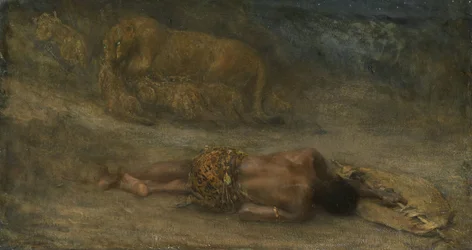 Eine Löwin mit ihren Jungen bei einem toten Schwarzen Mann, genannt „Nemesis“