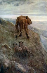 Auf der Lauer - Löwin und Junge, ca. 1878-1910, 1912