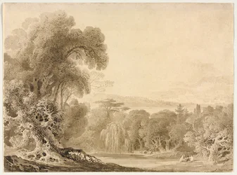 Figuren, die an einem See in einer bewaldeten Landschaft sitzen, 1820