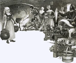 Kochen über offenem Feuer in einer elisabethanischen Küche