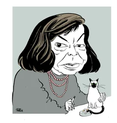 Patricia Highsmith - Karikatur mit ihrer Katze, rauchend