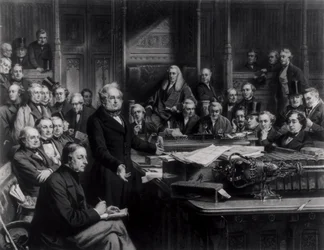 Das Unterhaus im Jahr 1860: Lord Palmerston spricht das Haus während der Debatte über den Vertrag mit Frankreich an, graviert von Falkner, 1863