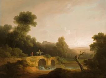 Landschaft mit Figuren, die eine Brücke überqueren