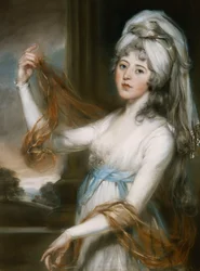 Porträt von Sarah, Ehefrau von Walker King, Bischof von Rochester, Dreiviertellänge, in einem weißen Kleid mit blauem Band