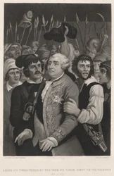 Ludwig XVI. von der Menge bedroht bei ihrem Besuch in den Tuilerien