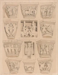Kapitäle und A & B Basreliefs in der Abteikirche von Saint Georges de Bocherville, in der Nähe von Rouen, Normandie