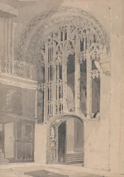 Innenraum der Kathedrale von Norwich: Tür und Schirm zwischen dem südlichen Querhaus und dem Chor
