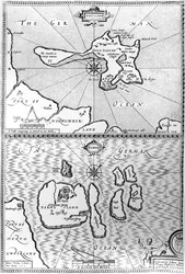 Karten von Holy Island und Farne Island, Northumberland, aus „The Theatre of the Empire of Great Britaine“ von John Speed, 1676