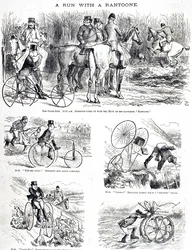 Eine Karikatur, die einen Mann zeigt, der auf einem Dreirad jagt. Illustriert von John Tenniel (1820-1914), ein englischer Illustrator, Grafikhumorist und politischer Karikaturist
