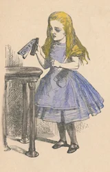 Alice schaut auf die Flasche mit dem Schild Trink mich, 1889