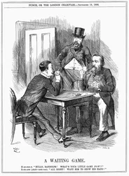 Lord Randolph Churchill (links) versucht Charles Stewart Parnell, irischer Politiker, dazu zu bringen, seine Karten zu zeigen und Churchill und Hartington wissen zu lassen, wie er die Parnelliten-Stimmen im Unterhaus einsetzen wird. John Tenniel Karikatur 