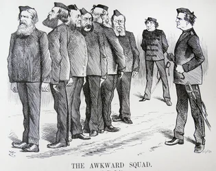DIE UNBEHOLFENE TRUPPE. John Tenniel Karikatur. Die Schwierigkeiten, die Disraeli mit unterschiedlichen Meinungen in seinem Kabinett zur Politik im Russisch-Türkischen Krieg hatte