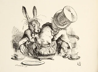 Der verrückte Hutmacher und der Märzhase stecken die Haselmaus in die Teekanne, aus „Alice im Wunderland“ von Lewis Carroll (1832-98), veröffentlicht 1891