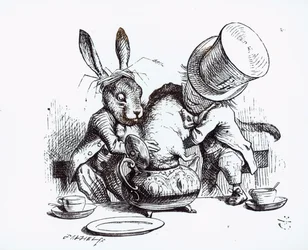 Der verrückte Hutmacher und der Märzhase stecken die Haselmaus in die Teekanne, Illustration aus „Alice im Wunderland“ von Lewis Carroll, 1865