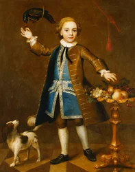 Porträt eines Jungen, Ganzfigur, in einem braunen Mantel, blauer Weste mit Silberborte, eine Kirsche einem Papagei haltend, ein Spaniel an seiner Seite, mit Früchten auf einem Stand, 1741