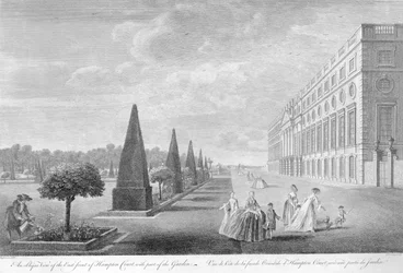 Eine schräge Ansicht der Ostfront von Hampton Court mit einem Teil des Gartens, um 1744