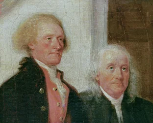 Entwurf der Unabhängigkeitserklärung, 28. Juni 1776, Detail von Thomas Jefferson und Benjamin Franklin (Detail)