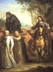 Don Quijote hält eine Prozession mit einer Statue der Jungfrau Maria für eine Frau, die gegen ihren Willen mitgenommen wird, aus Cervantes
