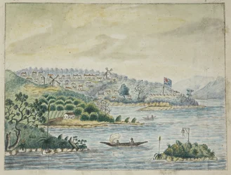 Eine Ansicht einer britischen Kolonie. Im Vordergrund Eingeborene in einem Kanu, aus einem Tagebuch an Bord des Minerva-Transports, von Irland nach New South Wales und Bengalen, von John Washington Price