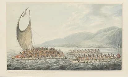 Tereoboo, König von Owyhee, bringt Geschenke zu Kapitän Cook, aus einer Serie von Aquarellen, die Kapitän Cooks letzte Reise illustrieren, ca. 1773-84 (Aquarell auf Papier)