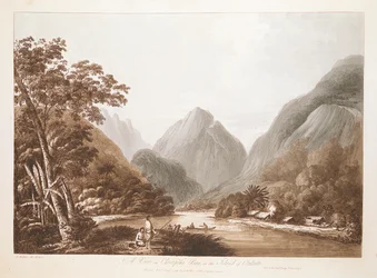 Ansicht in der Oheitepeha-Bucht, auf der Insel Otaheite. Landschaft mit zwei Figuren in einem Kanu auf einem Wasserstreifen, umgeben von hohen Bergen, mit dichten Bäumen an den unteren Hängen zu beiden Seiten, strohgedeckten Gebäuden am Ufer rechts und zwe