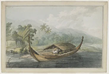 Ein Kanu von Ulietea [Raiatea]. Ein Mann, mit einheimischen Körben, sitzt auf den Planken eines Ausleger-