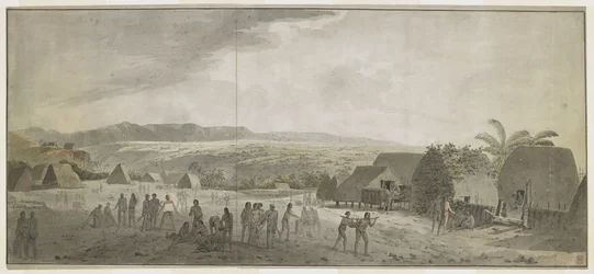 [Gesamte Zeichnung] Zeichnung von Captain Cooks Besuch im Dorf Waimea, Atooi [Kauai], Januar 1778. Einige Männer rollen Fässer, andere handeln mit Hawaiianern. Rechts tragen zwei Eingeborene ein an einen Pfahl gebundenes Schwein. Hinter ihnen, Eingeborenen