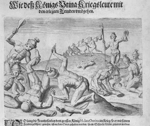 Kannibalismus, gestochen von Theodor de Bry (1528-98)