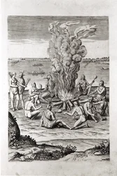 Indianer beten um ein Feuer, Gravur aus Hariots 