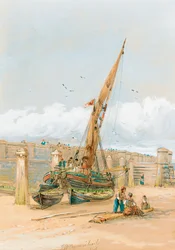 Fischer plaudern vor einem gestrandeten Schiff, 1846