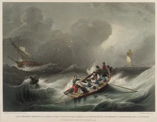 Die heldenhafte Rettung der Passagiere und Besatzung des Dampfschiffs Forfarshire durch Grace Darling und ihren Vater am Morgen des 7. September