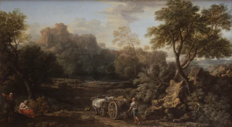 Ein Bauer mit Ochsenkarren und andere Reisende in einer bewaldeten Landschaft, um 1740