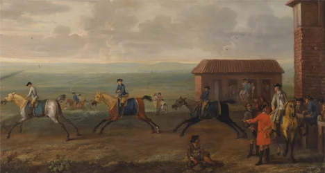 Lord Portmore beobachtet Rennpferde beim Training auf Newmarket Heath