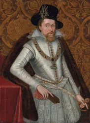 Porträt König Jakobs I. von England und VI. von Schottland (1566-1625), als Dreiviertelfigur, in einem weißen Wams mit Spitzenkragen, juwelenbesetzter Hose und Pelzmantel, mit dem Greater George, einem schwarzen Hut mit einem Juwel und einem Paar