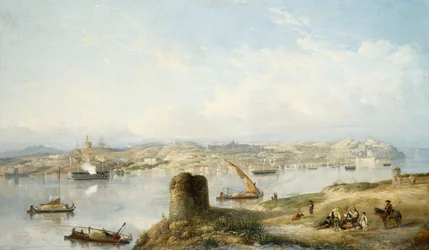 Ein weiter Blick auf Lissabon am Fluss Tejo mit dem Praca do Terreiro do Paco, der alten Kathedrale und dem Castelo de S. Jorge