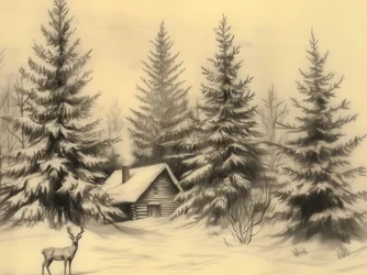 Friedliche Winterhütte mit Hirsch