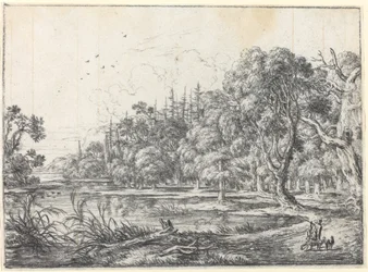 Ein Waldteich mit einem Jäger