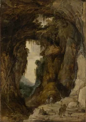 Landschaft mit Grotte und Reiter