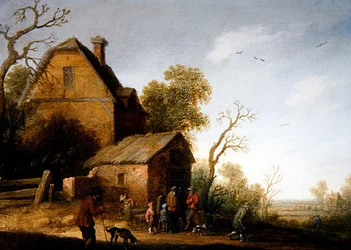 Eine bewaldete Landschaft mit Figuren und Hunden