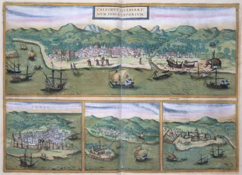 Karte von Calicut aus „Civitates Orbis Terrarum“ von Georg Braun (1541-1622) und Frans Hogenberg (1535-90), um 1572