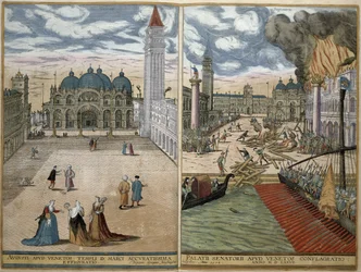 Ansicht von San Marco und dem brennenden Palazzo Ducale, aus 