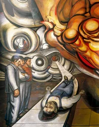 Die Welt der Arbeiter, Opfer des Kapitalismus, Hospital de la Raza, Detail der Decke des Auditoriums mit Fresken von José Clemente Orozco (1883-1949), Mexiko-Stadt, 20. Jahrhundert