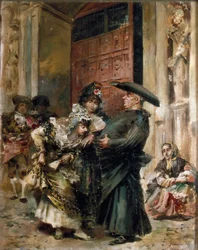 Zwei Frauen untersuchen den Bauch eines Priesters nach der Messe. Gemälde von Jose Denis Belgrano (1844-1917), 2. Hälfte des 19. Jahrhunderts. Öl auf Leinwand