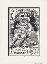 Ein Mann mit Waffen und einer Pfeife im Mund, flankiert von zwei Skeletten, Illustration..., ca. 1880-1910