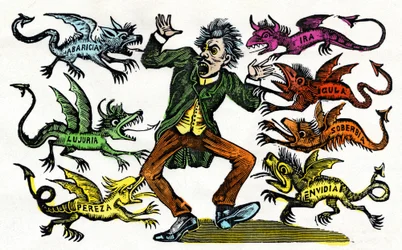 José Guadalupe Posada (1852 - 1913): Allegorie der sieben Todsünden. Holzschnitt aquarelliert. Mexiko