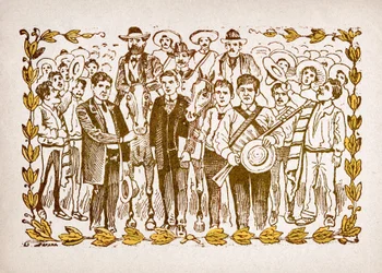 Mexiko, Mexikanische Revolution: „El Triunfo de Madero“ (Francisco Indalecio Madero Gonzalez, gewählter Präsident mit Unterstützung der Revolutionäre Villa und Zapata. Porträt zu Pferd inmitten der Menge seiner Anhänger. Gravur von